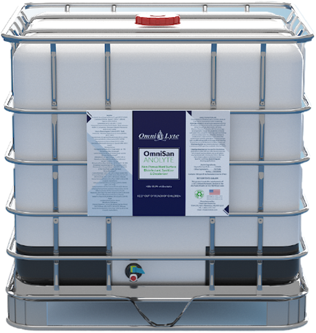OmniSan Anolyte non-toxic hand surface disinfectant and deodorizer in a large storage container.