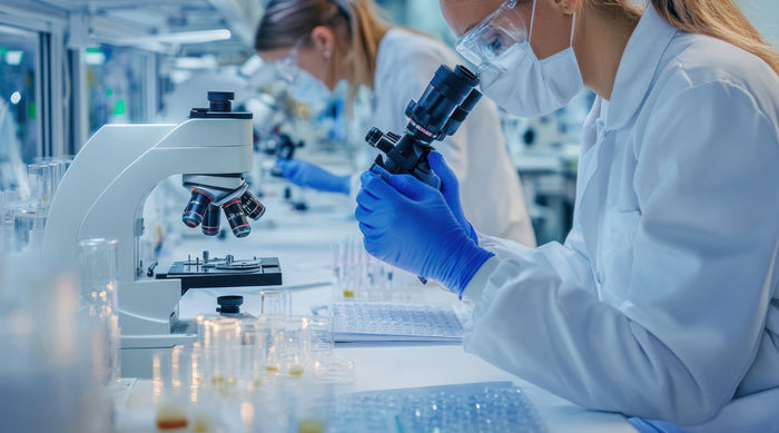 Scientists in lab coats using microscopes and handling test tubes in a laboratory setting.