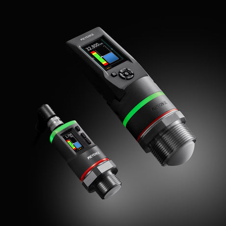 Measurement sensors with digital displays and colored indicators.