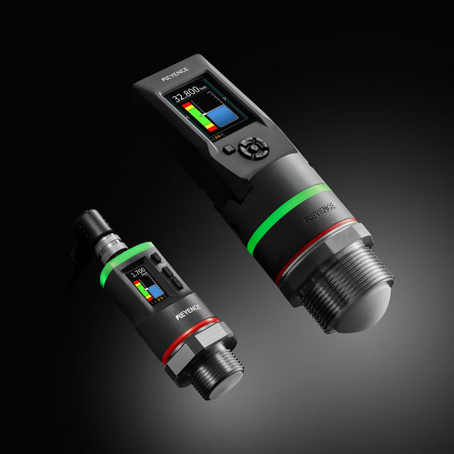 Measurement sensors with digital displays and colored indicators.