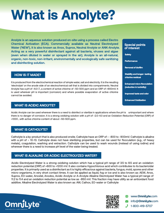What is Anolyte informational brochure detailing its properties, production, and applications in disinfection and sanitization.